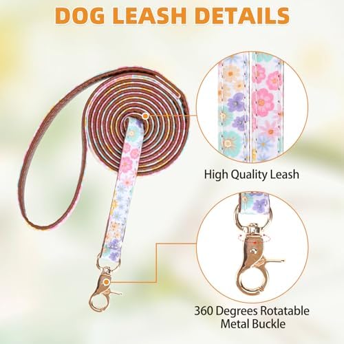 KOOLTAIL Summer Dog Collar and Leash Set with Bowtie and Bells - Cute Fancy Puppy Collar and Leash for Boy or Girl with Flower Pattern, Soft Leather Tangle Free Leashes for Small Dogs,Cats