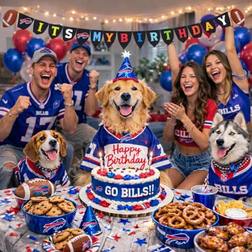 NFL Buffalo Bills Pet Birthday Party Banner Licensed Football Team Dog & Cat Birthday Decoration, NFL Dog Birthday Party Set and Costume, Football Fan Pet Party Supplies, Team-Themed Celebration Backdrop for Birthday Photos