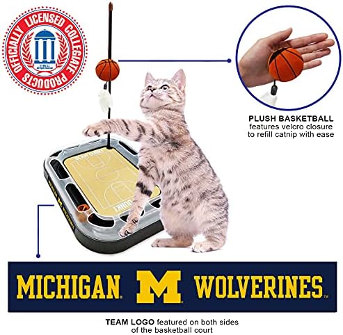 Cat Scratch Toy NCAA Michigan Wolverines Reversible Basketball Court Felt/Cardboard Cat Scratcher Toy. Interactive Cat Ball Bell in Tracks. 6-in-1 CAT Toy Cat Wand Poll Catnip-Filled Plush Basketball