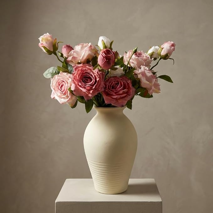 Ceramic Vase - Large & Elegant Farmhouse-Style Vases for Rustic Vintage Home Decor: Living Room, Bedroom, Office, Dining + More - Perfect for Tables, Shelves, Fireplaces & Coffee Desks (White)