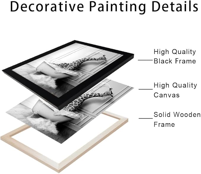 Black and White Bathroom Wall Decor Funny Giraffe in Bathtub Decor Framed Farmhouse Animal Canvas Wall Art Bathroom Artwork