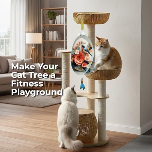 Interactive Cat Toys for Indoor Cats, Automatic Concealed Hide and Seek Hanging Feather Cat Toy, Rechargeable Motion-Activated Enrichment Toys for Bored Adult Cats (Bird & Flowers Pattern）