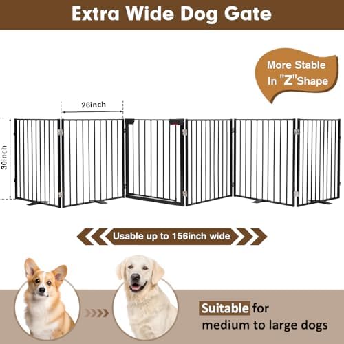 156" Extra Wide Dog Gate, Heavy Duty Metal Freestanding Dog Gate with Door for Indoor & Outdoor, Foldable Pet Fence for Doorways,House,Porch,Deck,Yard,Stairs, Auto Close(6 Panels,Black)