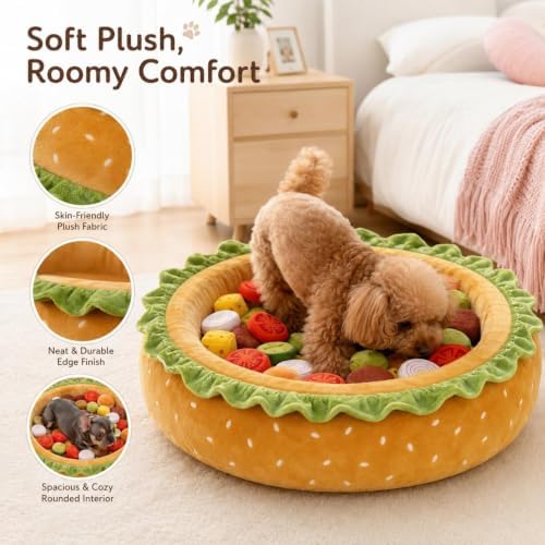3-in-1 Hamburger Shaped Pet Bed, Funny Snuffle Mat Interactive Foraging Toy, Detachable Vegetable Food Pieces Enrichment Dog Bed, Round Pet Rest Bed for Small Medium Dogs Indoor Daily Use