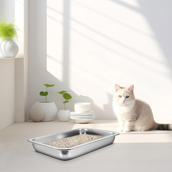 INOOMP Stainless Steel Cat Litter Box Open Design Large Metal Litter Pan Easy to Clean Portable Kitten Tray for Cats and Small Pets