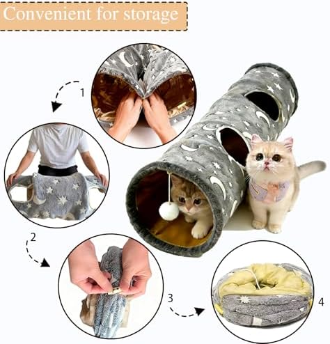 Glow-in-the-Dark Cat Tunnel for Indoor Cats Large Foldable Cat Play Tunnel with Hanging Ball 2 Peepholes Interactive Cat Toy for Kittens Pet Tunnel for Small Dogs Cat Tube for Indoor Cats