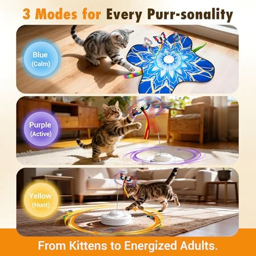Hide and Seek Cat Toy Mat, 3-in-1 Interactive Cat Toy for Indoor Cats with Fluttering Butterfly, Dual Concealed Feather Wands, 3 Prey Sounds and Touch Activation (Blue)