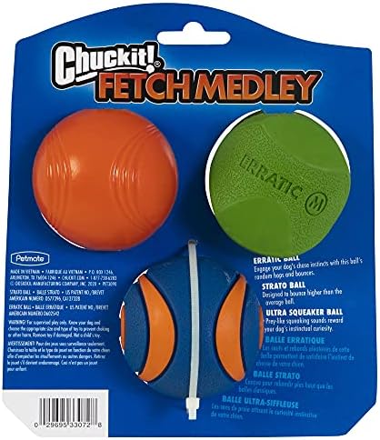 Chuckit! Fetch Pack Dog Ball Dog Toys, Medium (2.5 Inch), for Medium Breeds, Includes Erratic, Strato and Ultra Squeaker Balls, 3 Count (Pack of 12)