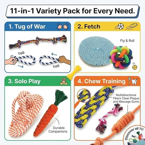 11 Pack Dog Rope Toys for Puppies Small & Medium Dogs, Durable Dog Chew Toys for Teething, Interactive Puppy Toys for Dental Health, Dog Toys Variety Pack to Keep Them Busy