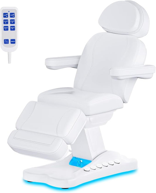 Full Electric Tattoo Chair Facial Bed for Esthetician, Electric Massage Tattoo Chair for with 4'' Think Premium Foam, Facial Bed for Esthetician, Physical Therapy Table (White, 3 Motor with Light)