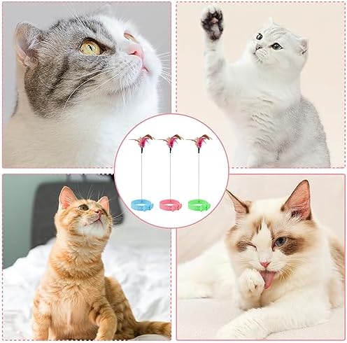 KALAMANDA Cat Collar Toy, 3 Pcs Cat Feather Toy with Neck Collar, Interactive Self Playing Toys with Bell for Indoor Kittens Small Animals(Pink/Blue/Green)