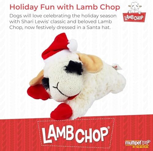 Multipet Holiday Lambchop with Santa Hat Plush Dog Toy, 10.5"