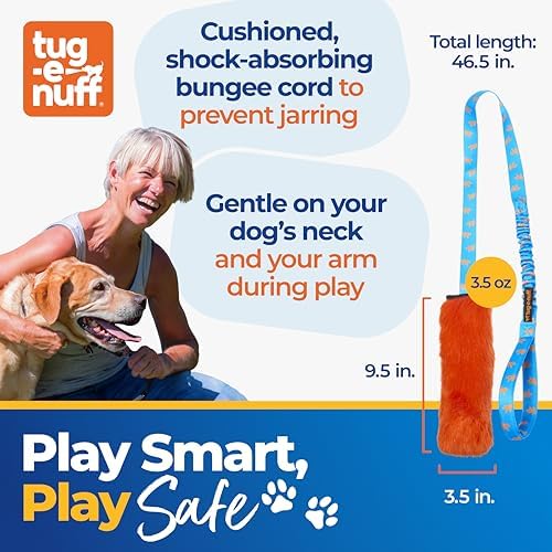 Tug-E-Nuff Faux Fur Squeaky Bungee Chaser Dog Toy (Orange & Blue), 46.5 in