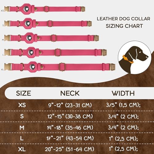 AirTag Dog Collar - Genuine Leather Dog Collar with Apple AirTag Holder and Metal Buckle - Smart GPS Tracking Pet Collars (Pink, S, 12"-15" Neck Fit)