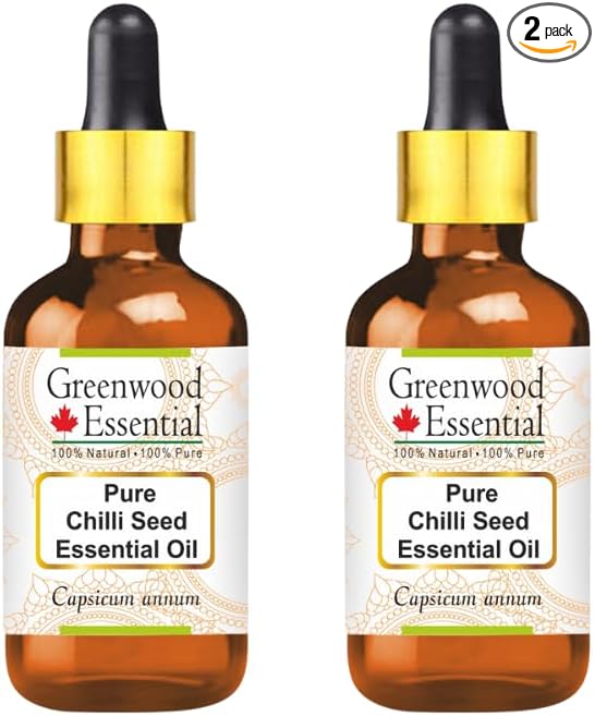 Greenwood Essential Chilli Seed Essential Oil (Capsicum annum) with Glass Dropper | Pure | Non-Sticky | Non-Greasy | Lightweight | Men & Women | All Skin Types | Steam Distilled 30ml X 2 (2 oz)