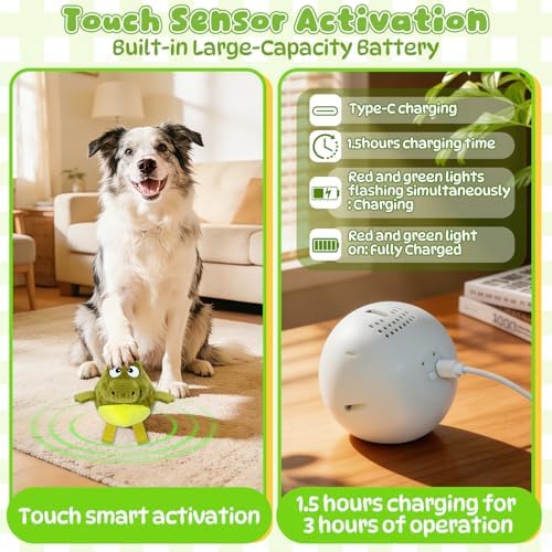 Plush Interactive Dog Toys, USB Rechargeable Jumping Squeaky Ball, Ideal for Keeping Puppy Busy Indoors, Motion Activated Balls for Medium/Large Dogs, Not for Aggressive Chewers (Crocodile)