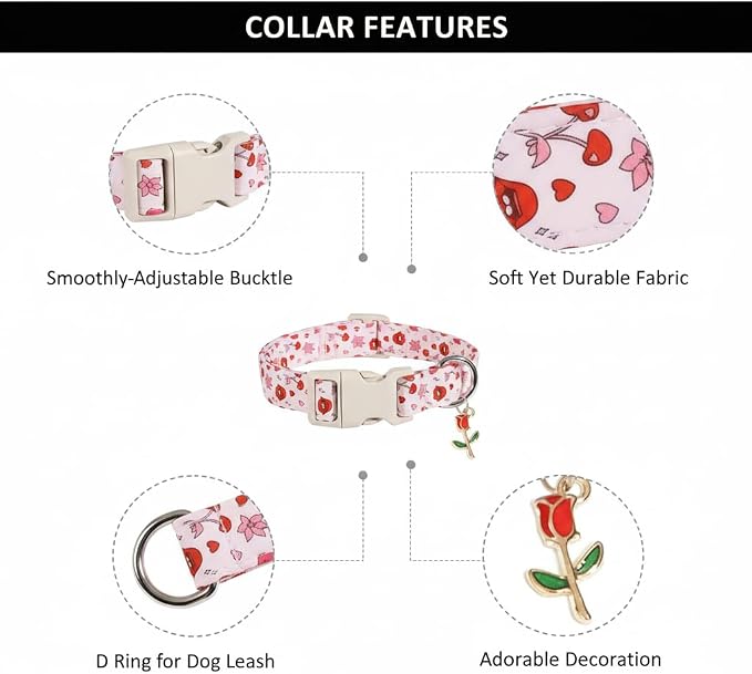 Dog Collar for Medium Dogs, Girl Dog Collars with Kisses Pattern, Cute Pet Collar with Soft Fabric and Quick Release Buckle, Adjustable for Medium Dogs