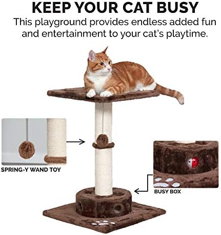 Furhaven 22.5" Tall Cat Tree for Indoor Cats, Ft. Sisal Scratching Post, Plush Ball Toy, & Busy Box Toy - Tiger Tough Scratching Post Interactive Playground - Brown, One Size