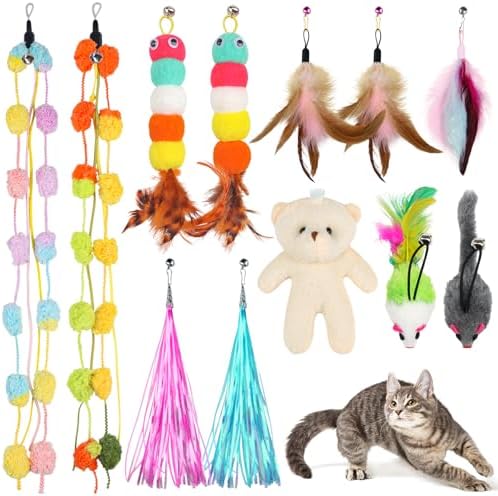 QUOZUO Cat Feather Wand Replacement - 12 PCS Toy Refills and Attachments for Cat Toys