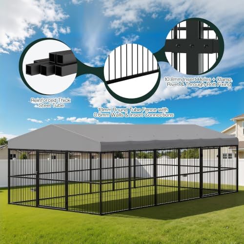 Jocisland 10x20x6.5 FT Outdoor Dog Kennel, 2 Doors, Waterproof Roof