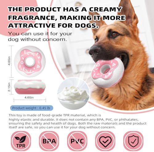 Dog Chew Toys for Aggressive Chewers, Indestructible Tough Squeaky Mental Stimulation Teeth Grinding Interactive Dog Chew Toys for Small/Medium/Large Dog Breeds, Creamy Scent Donut Pink