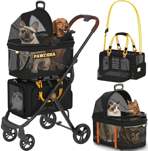 PAWZIDEA Double Pet Stroller with 2 Detachable Carrier for Multiple Pets