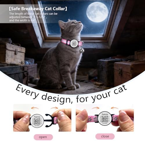Reflective Cat Collar Personalized with Name ID Tag and Bell. QR Code Name Tag, Cat Smart ID Tag Breakaway.Ultra-Durable, Adjustable, Quick Release, Fits Most Cats (Pink)