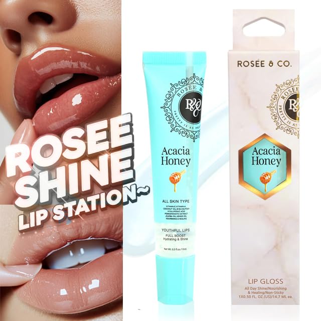 Rosee Lip Gloss Vegan & Cruelty Free Treatment, Professional Make up, Long Lasting Glossy with Shea Butter, Moisturize, Protect & Smooth, High Shine, Non-Sticky (d.Acacia Honey, 0.5)