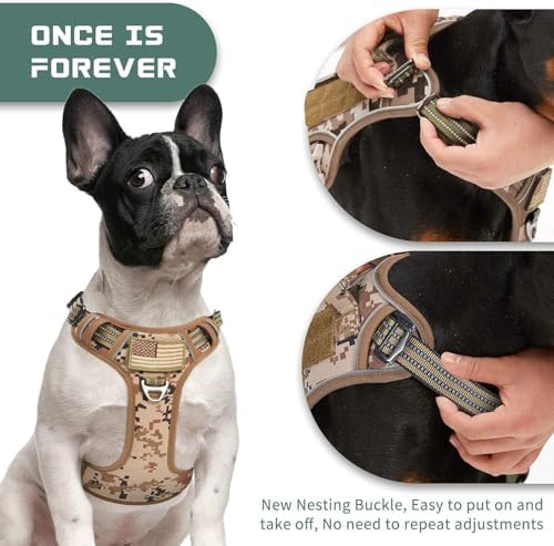 BUMBIN Tactical Dog Harness for Small Dogs No Pull, Famous TIK Tok No Pull Puppy Harness, Fit Smart Reflective Pet Walking Harness for Training, Adjustable Dog Vest Harness with Handle Desert Camo XS