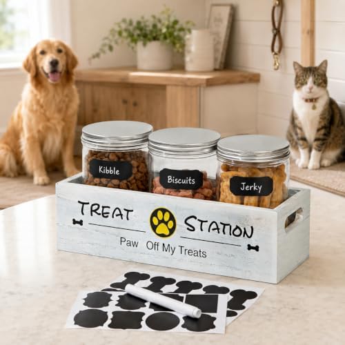 Pet Treat Container with 3 Airtight Jars and Wooden Tray, Labels and Marker