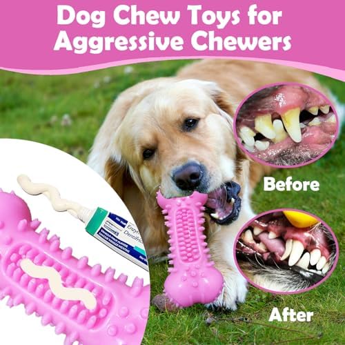 Toothbrush Dog Chew Toy, Stick Bone for Dog Teeth Cleaning, Tooth Brushing, Teething Chew Toys, Interactive Treat Dispenser Toy & Bite and Brush Toy for Medium and Large Dogs - Pink
