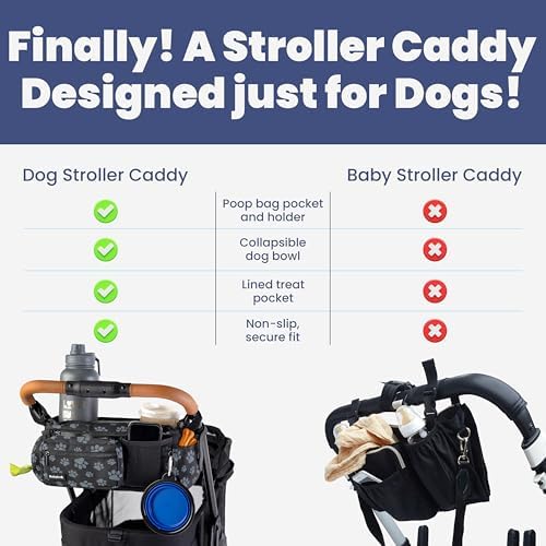 Dog Stroller Caddy Organizer with 2 Insulated Cup Holders & Treat Pocket