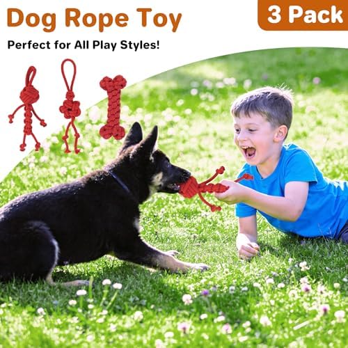 3 Pack Cotton Rope Dog Toy Set, Indestructible Chew Toys for Aggressive Chewers, Puppy Teething Toys with Bone, Human & Chinese Knot Designs for Boredom Relief & Tug of War， Red
