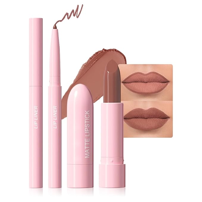 2 in 1 Matte Lipstick Lip Liner Pencil Set,Nude Brown Waterproof Lip Stick Lip liner Combo for Old Women Long Lasting Lipstick,labiales mate 24 horas originales