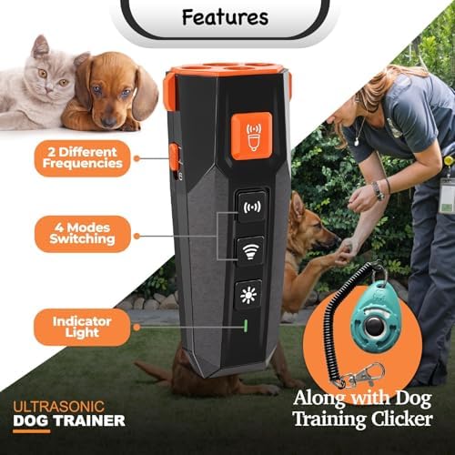 Dog Bark Deterrent Devices – 3 Modes, 15m Range, Flashlight | Safe Humane Anti Barking Device for Dogs | Bark Deterrent Device, Dog Clicker for Training, Dog Training Clicker for Peaceful Home