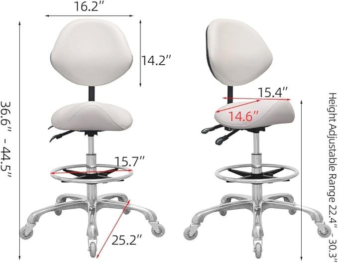 Saddle Stool Chair with Back Support Footrest, Heavy-Duty(350LBS), Hydraulic Rolling Swivel Adjustable Stool Chair for Salon Spa Beauty Massage Dental Clinic Home Office Use(White)