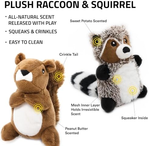 Playology Plush Raccoon and Squirrel Chew Toys - Small, Mixed Scent, 2-Pack