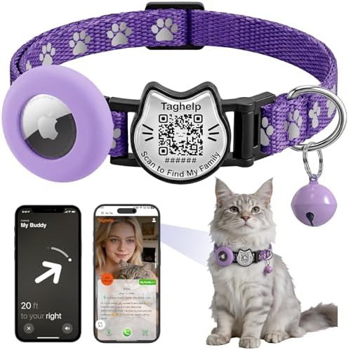 Cat Collar with AirTag Holder, QR Code Tag and Bell (Purple, Paw)