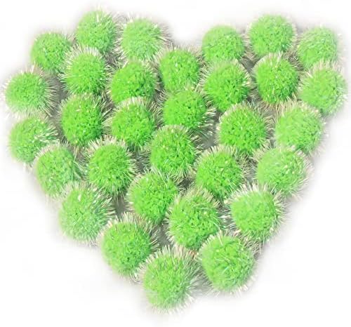 VAPKER 30 Pcs Cat Ball Toys Sparkle Balls Extra Large 2 Inch Cat's Favorite Chase Glitter Ball Glitter Tinsel Pom Poms Balls Green Color