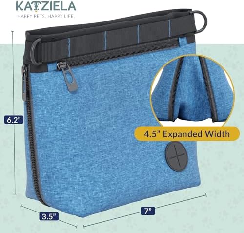Katziela Expandable Pet Treat Pouch - Hands Free Dog Treat Pouch, Quick Access Magnet Closure - Anti Spill Dog Treat Bag - Treat Pouches for Pet Training, Adjustable Shoulder Strap & Belt Clip (Blue)