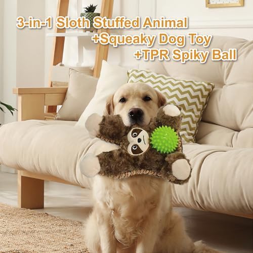 8.66 Inch Grey Brown Sloth Spiky Squeaky Dog Toy, Durable Plush Chew Toy for Puppy Teething, Interactive Tough Toy for Small Medium Large Dogs