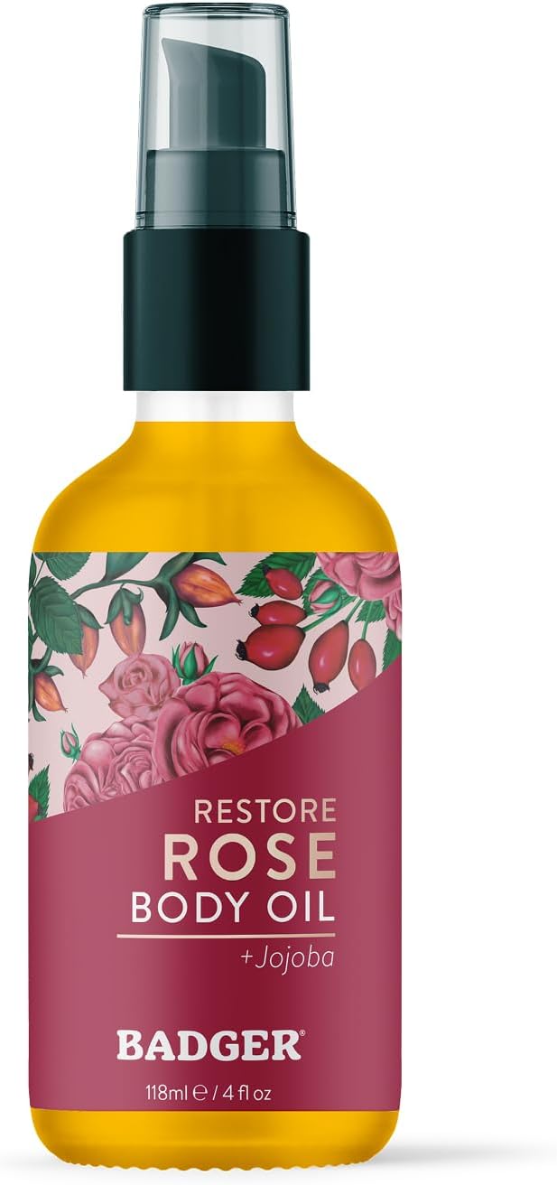 Badger Rose Body Oil, 100% Organic Rose Scented Body Oil, All Natural Body Moisturizer, Organic Jojoba & Rose Oils Soothe Dry Skin, 4 fl oz Glass Bottle