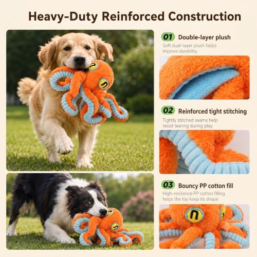 Squeaky Dog Plush Chew Toy, Interactive Tug Squeaky Toy for Chewers, Medium & Large Dogs & Fetch Play, 19.7 Inch Stuffed Octopus Toy with Flexible Spring Tentacles for Gentle Gum Care & Boredom Relief