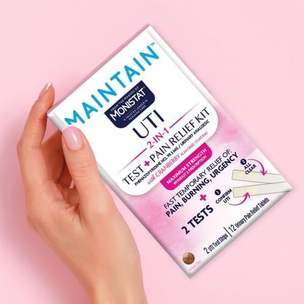 Monistat Maintain UTI Test and Pain Relief Kit, UTI Test Strips and Urinary Pain Relief Tablets, Cranberry Flavor Coating, 2 Test Strips and 12 Tablets (Pack of 12)