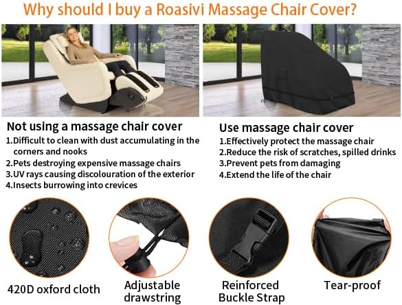Roasivi Massage Chair Cover Waterproof Massage Chair Full Body Protector Zero Gravity Armchair Cover 420D Oxford Fabric with Drawstring and Buckle 59 "L x 36"W x 47.5"H Black