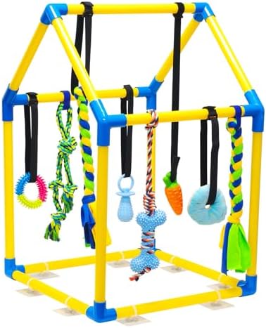 Puppy Play Gym with 8 Hanging Toys, Jungle Gym for Small Dogs & Puppies Indoor Enrichment Playground Interactive Training Activity Center for Teething Chewing,Entertainment Roof Shape