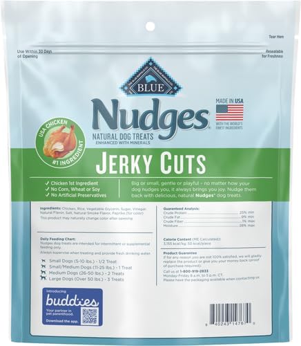 Blue Buffalo Nudges Jerky Cuts Dog Treats, Made in the USA with Natural Ingredients, Chicken, 10-oz Bag, (Pack of 6)