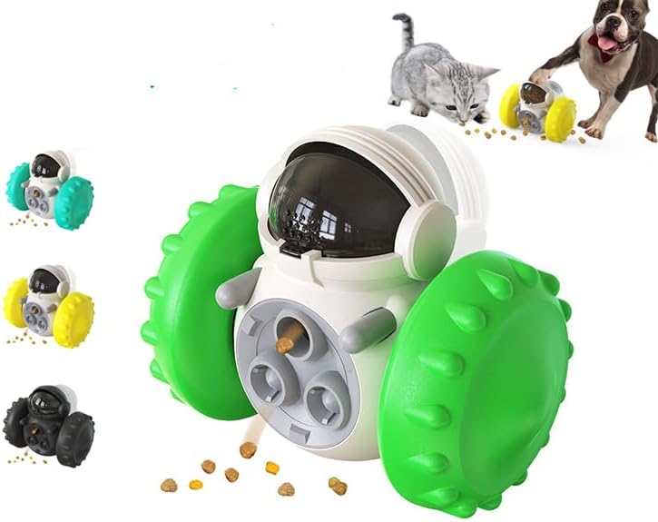 Interactive Pet Food Dispenser Toy for Dogs and Cats, Treat Dispensing Rolling Ball with Textured Wheels, Available in Yellow, Green, Black (Green)