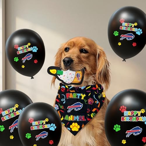 NFL Buffalo Bills Dog Birthday Party Set 8pcs with 1 Football Bandana Large/X-Large, 1 Birthday Cake Toy & 6 B-Day Balloons, Dog Birthday Set, Costume, Fun Doggie Party Accesories