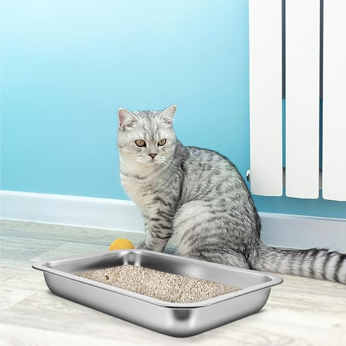 INOOMP Stainless Steel Cat Litter Box Open Design Large Metal Litter Pan Easy to Clean Portable Kitten Tray for Cats and Small Pets